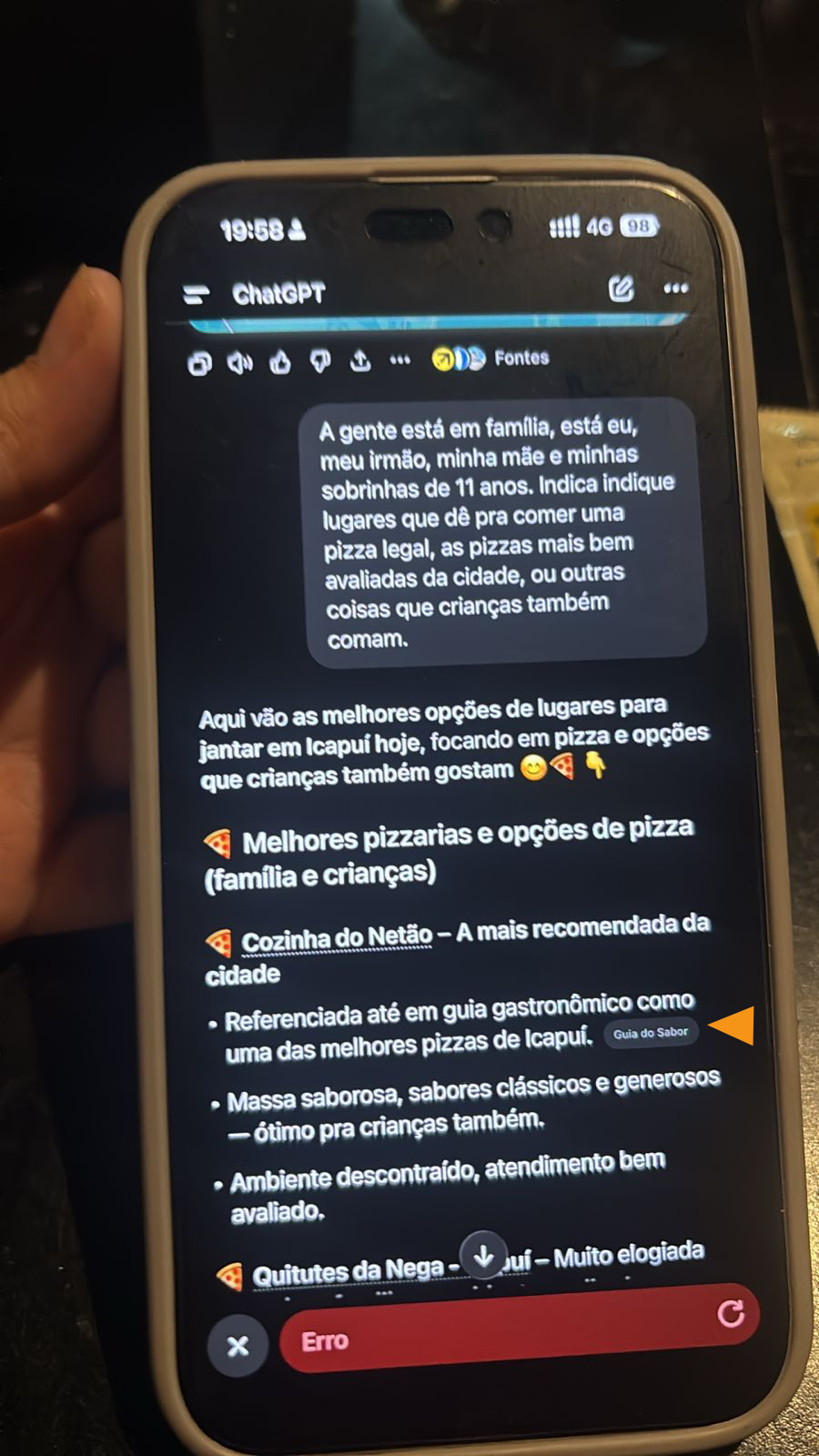 ChatGPT recomendando a Cozinha do Netão